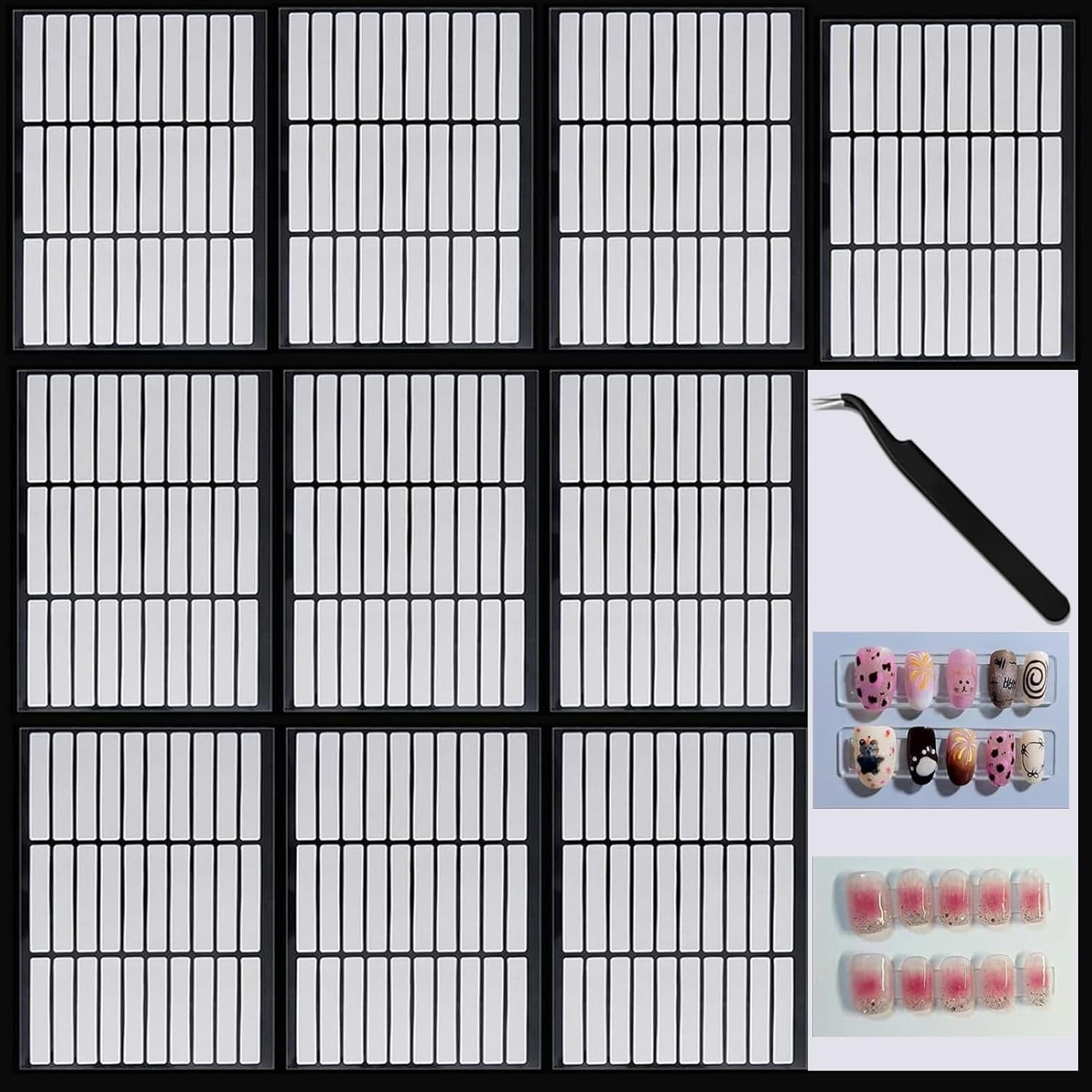 10 Sheets Double Sided Nail Tape with Tweezer for Press On Nails Display Storage