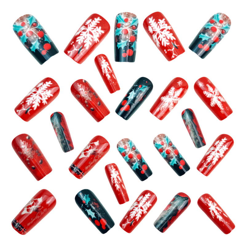 48P Long Coffin Press on Nails, Burgundy Holly Snowflake Luxury Fake Nails