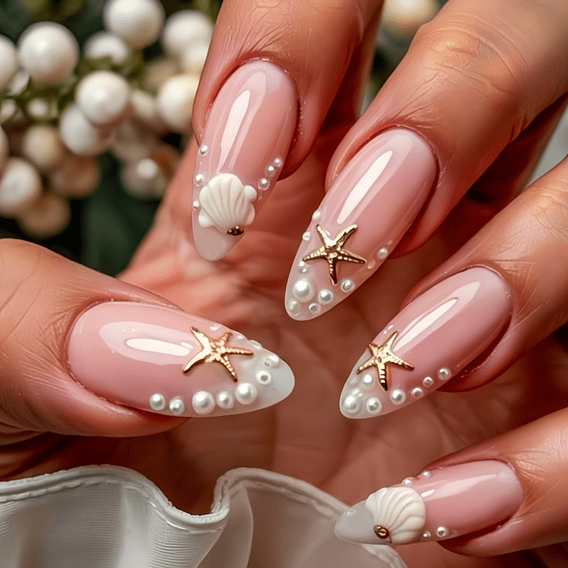 48Pcs-Medium Almond Nude White Gradient Seashell Starfish Pearl Press on Nails