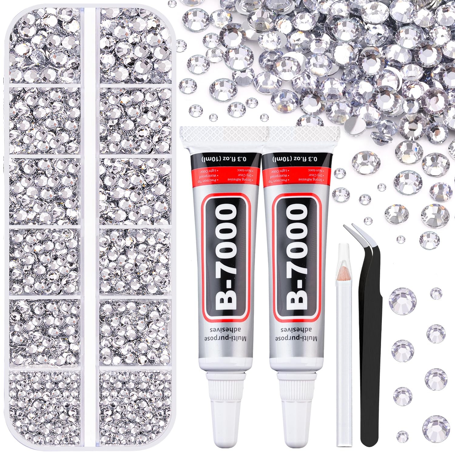 6100Pcs Resin Rhinestones for Crafting with 2Pcs 10ml B7000 Jewelry Glue, 1 Box