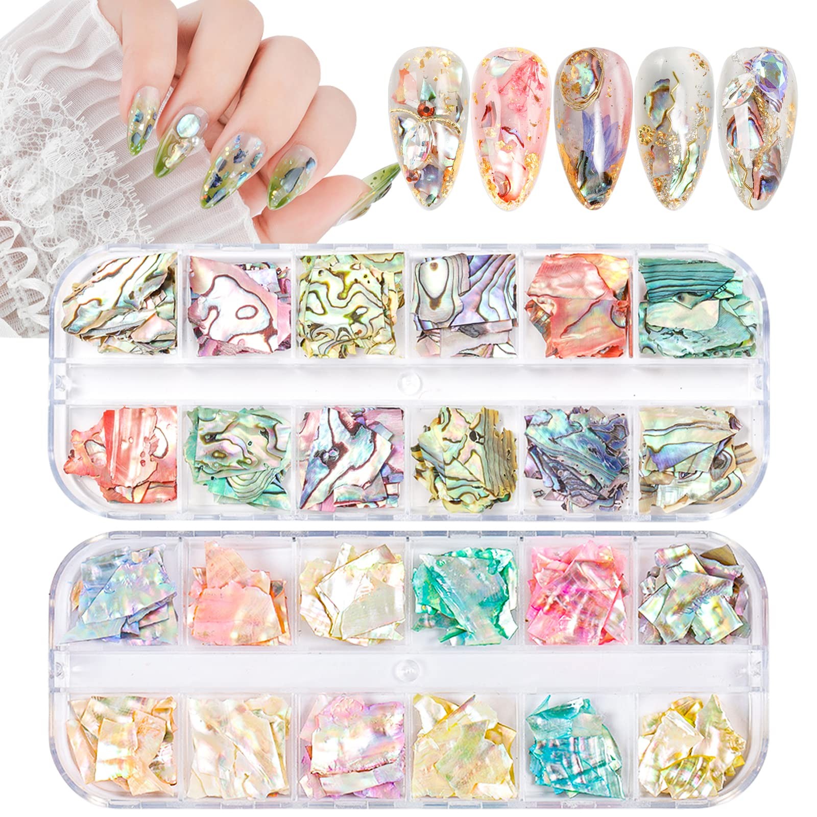 24 Grids Seashell Nail Art Nail Flakes, Irregular Abalone Seashell Slices for…