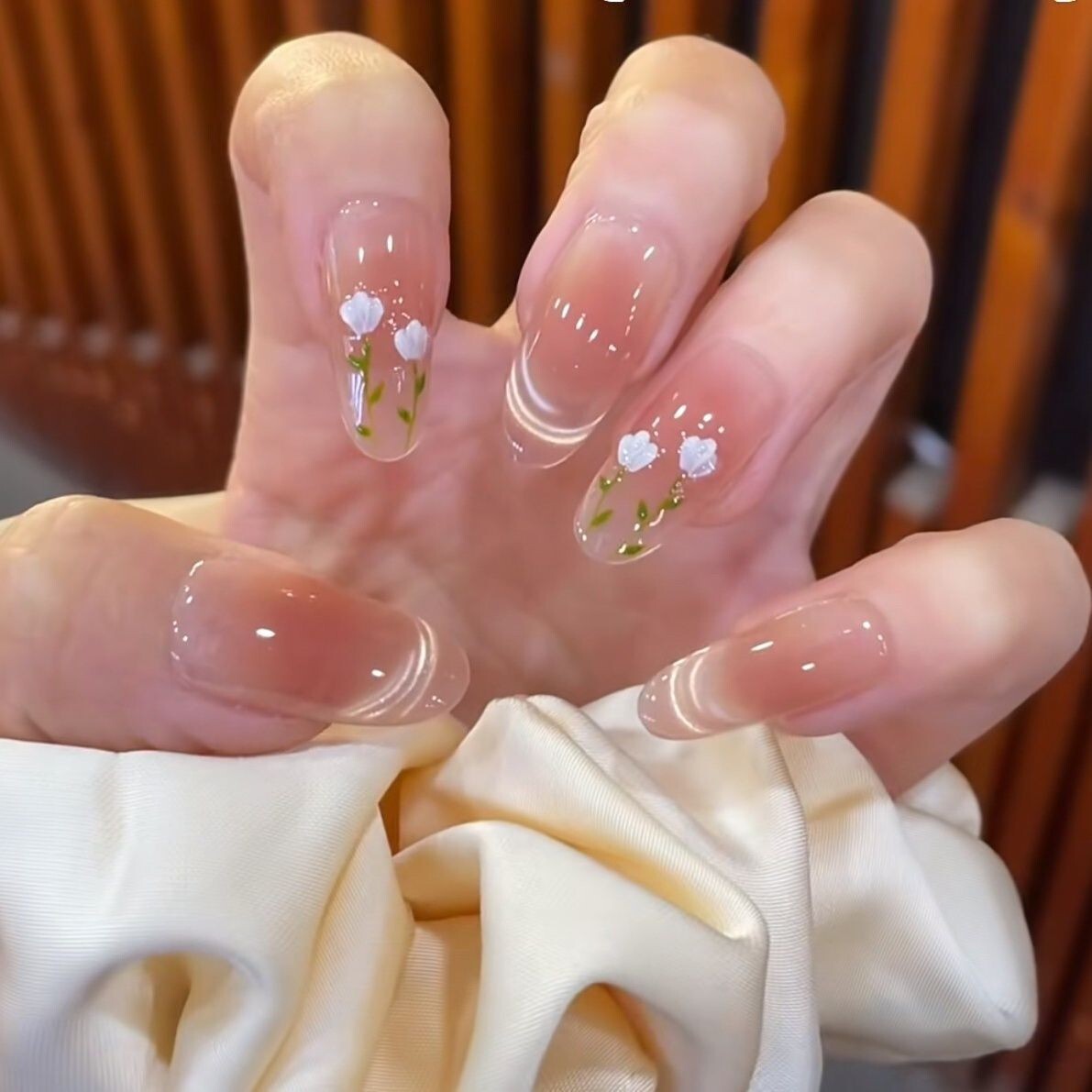 10Pcs Long Almond False Press on Nails Gentle Tulip Cute Girl Fake Nails