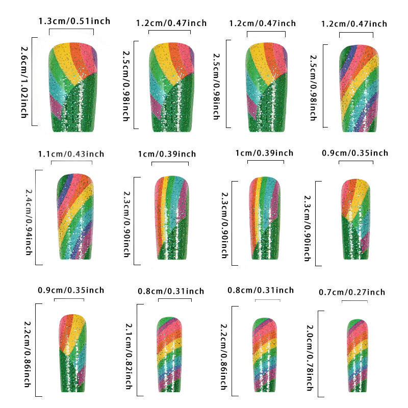 48P Rainbow Glitter Stripe Coffin Press on Nails, Bright Summer Daily Fake Nails