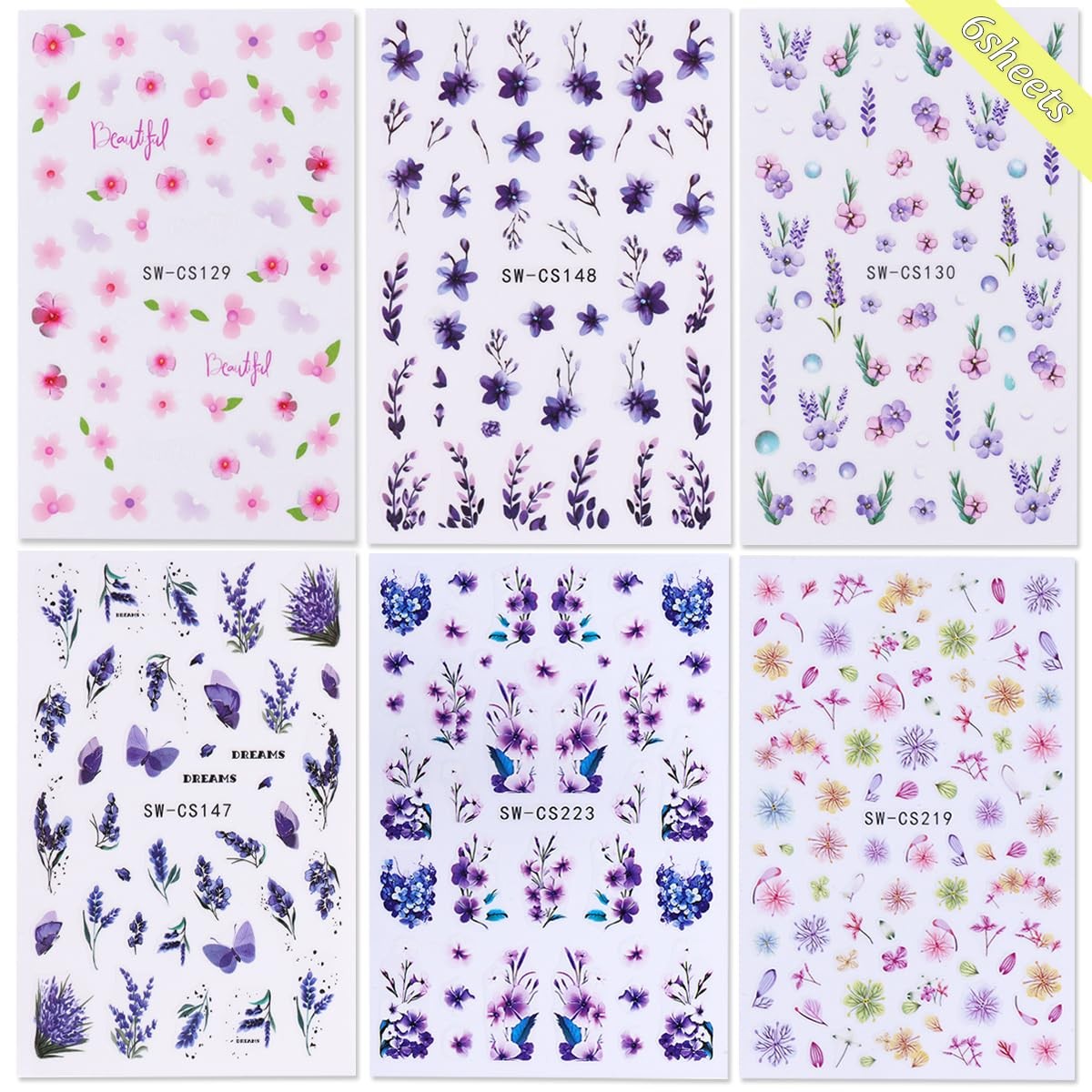Flower Nail Art Stickers 3D Self-Adhesive Decals 6PCS Style4