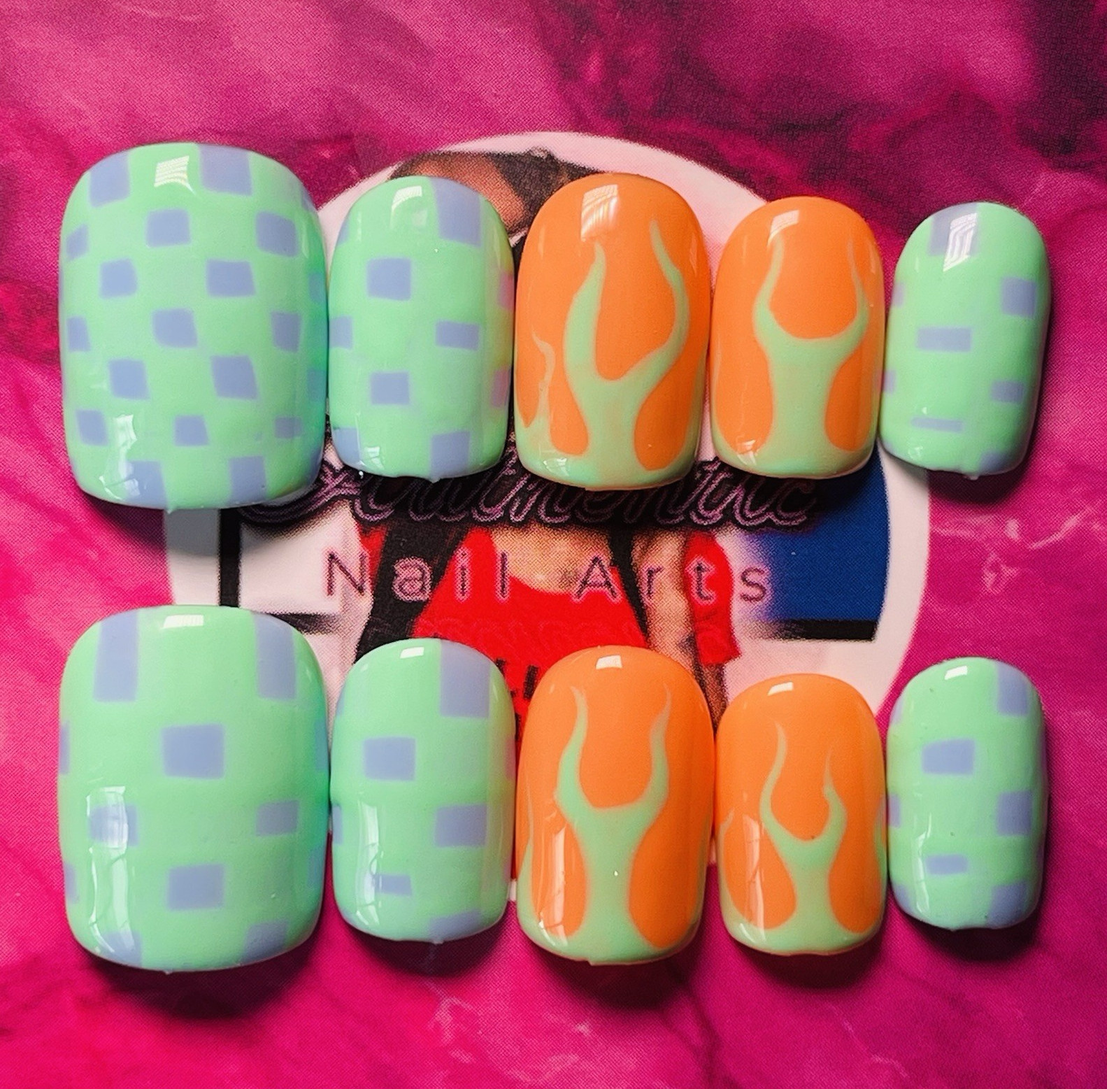 Authentic Nail Arts by Dia Square Press-On Nails Green Orange Purple Flames