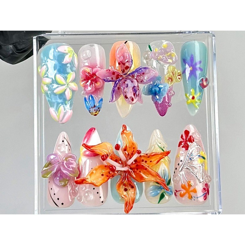Custom Pure Handmade Nails Macaron Color Lily Summer Vacation Cute Manicure