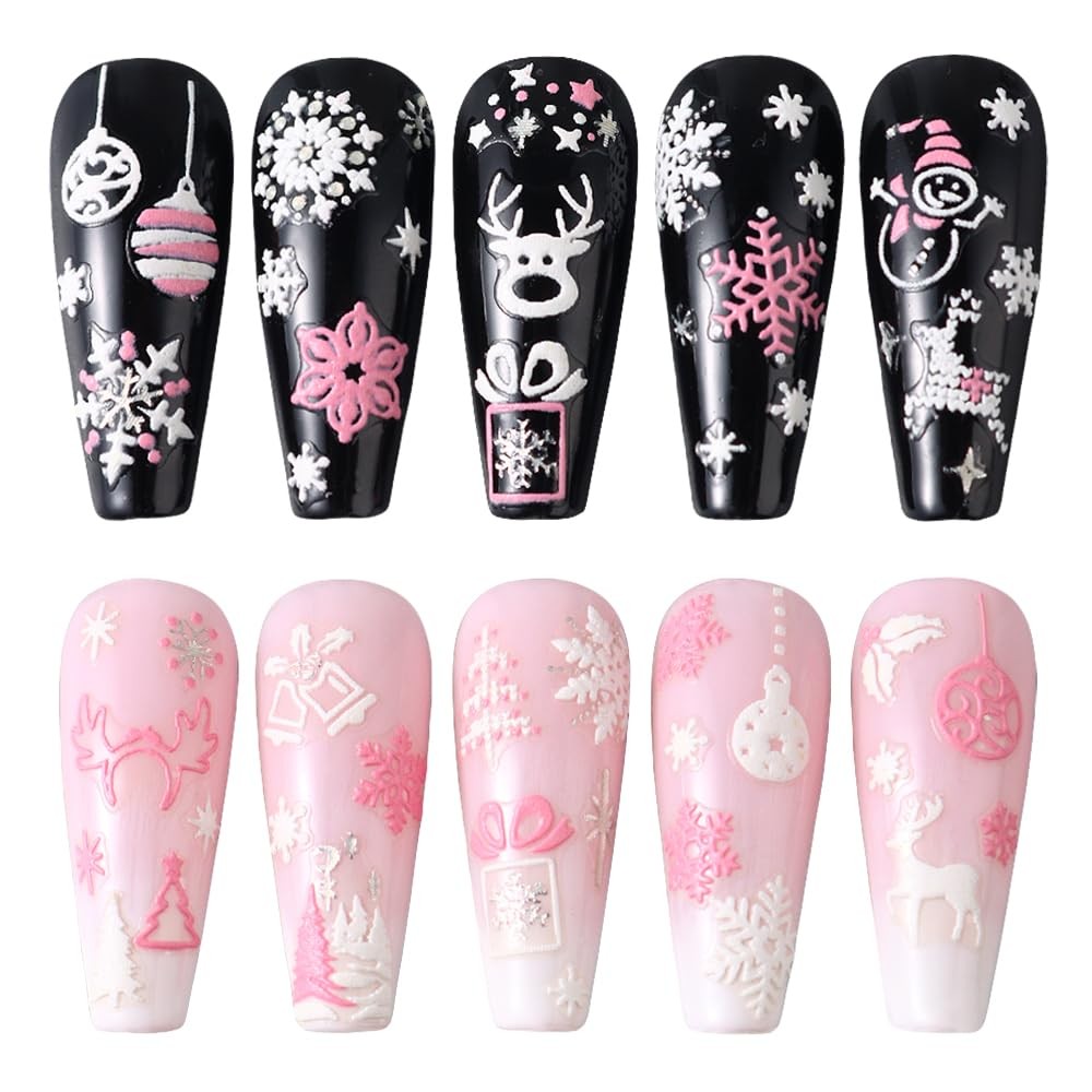 Christmas Nail Art Stickers, 8Sheets 5D Embossed Snowflake Nail Decals Pink Whit