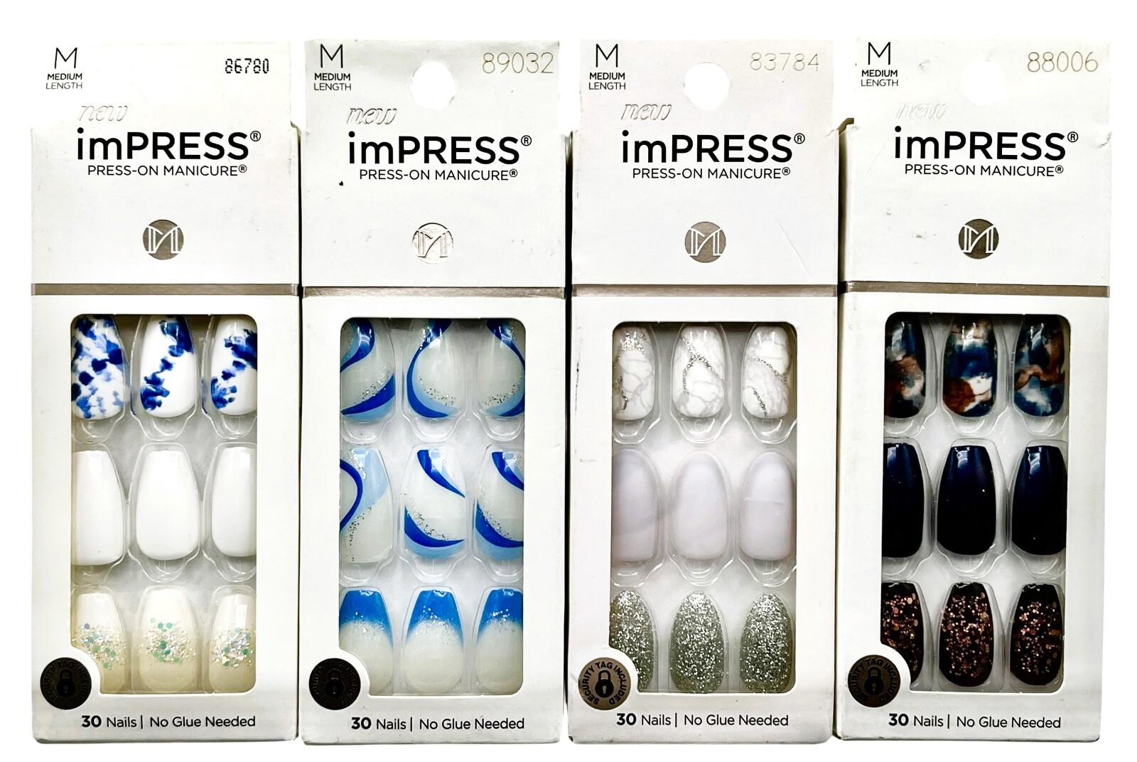 Lot of 4 KISS imPRESS Press On Manicure Nails Medium Length Matte Shiny Glitter