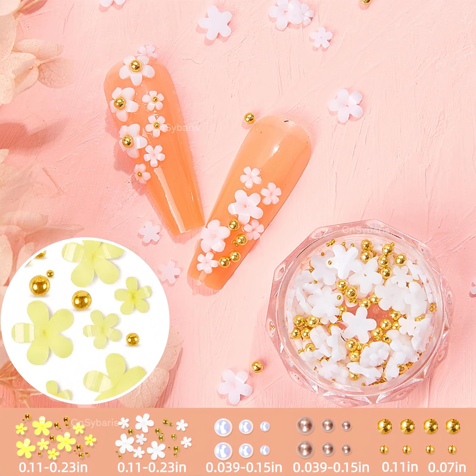 12 Grids Tiny Bee Nail Art Charms Resin Cartoon Daisy Flower Nail Gems 3D Gol…