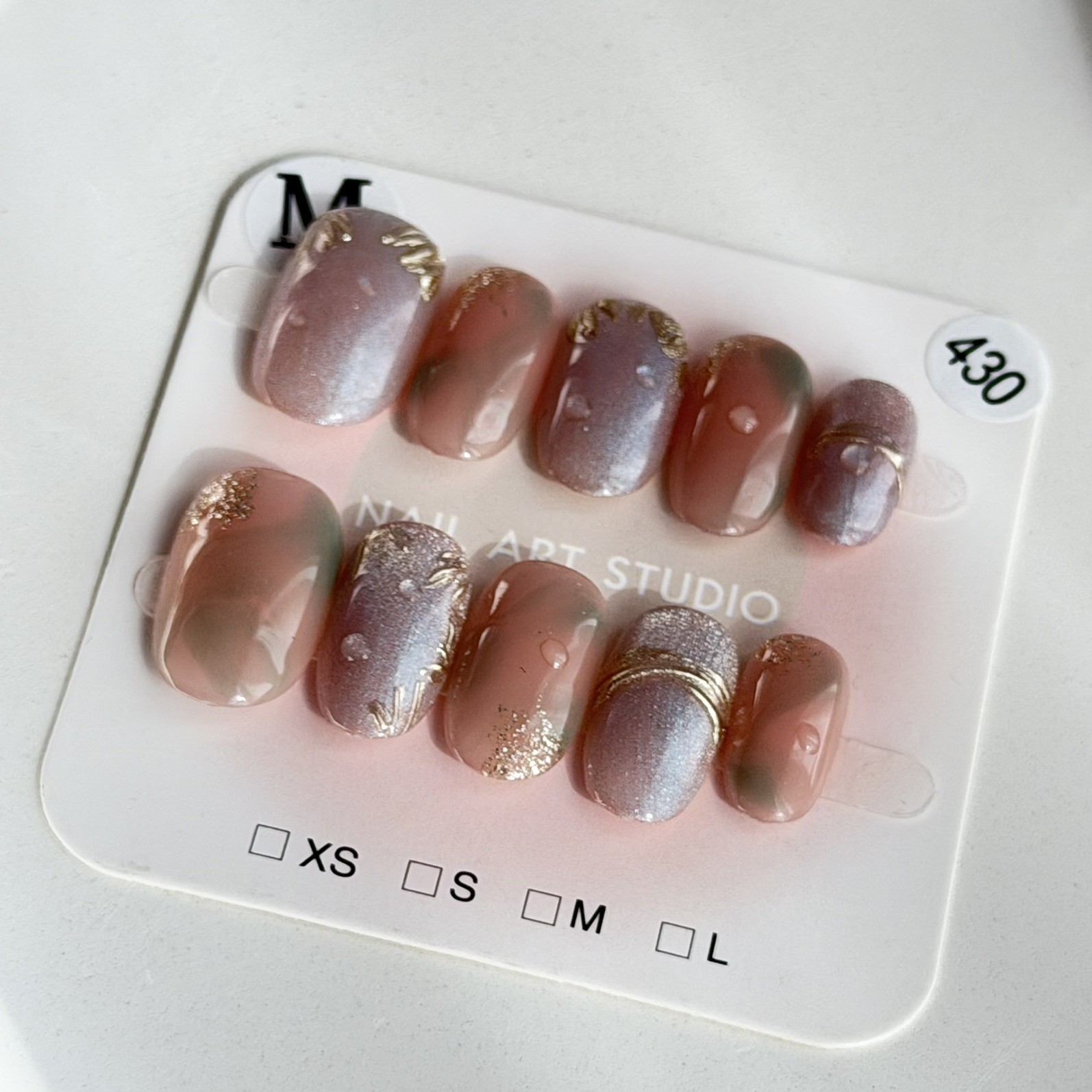Handmade Enamel Cloisonné Press-On Nails Short Oval Size M False Nail Reusable