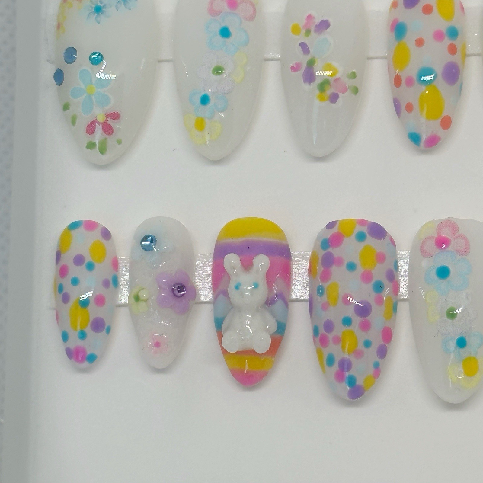 Handmade Press On Nails Medium Length 12pc Set Almond Shape EASTER Bunny