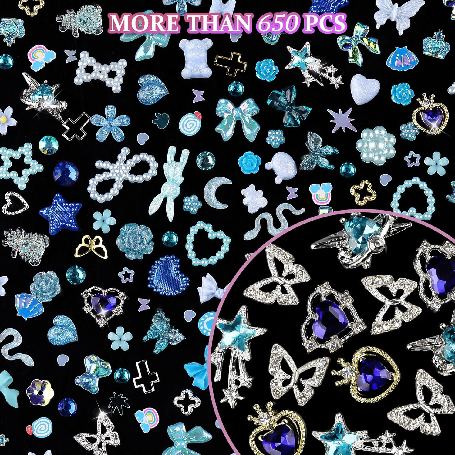 650Pcs 3D Nail Charms Set with Rhinestones, Pearls, and Metal Gems (Blue)