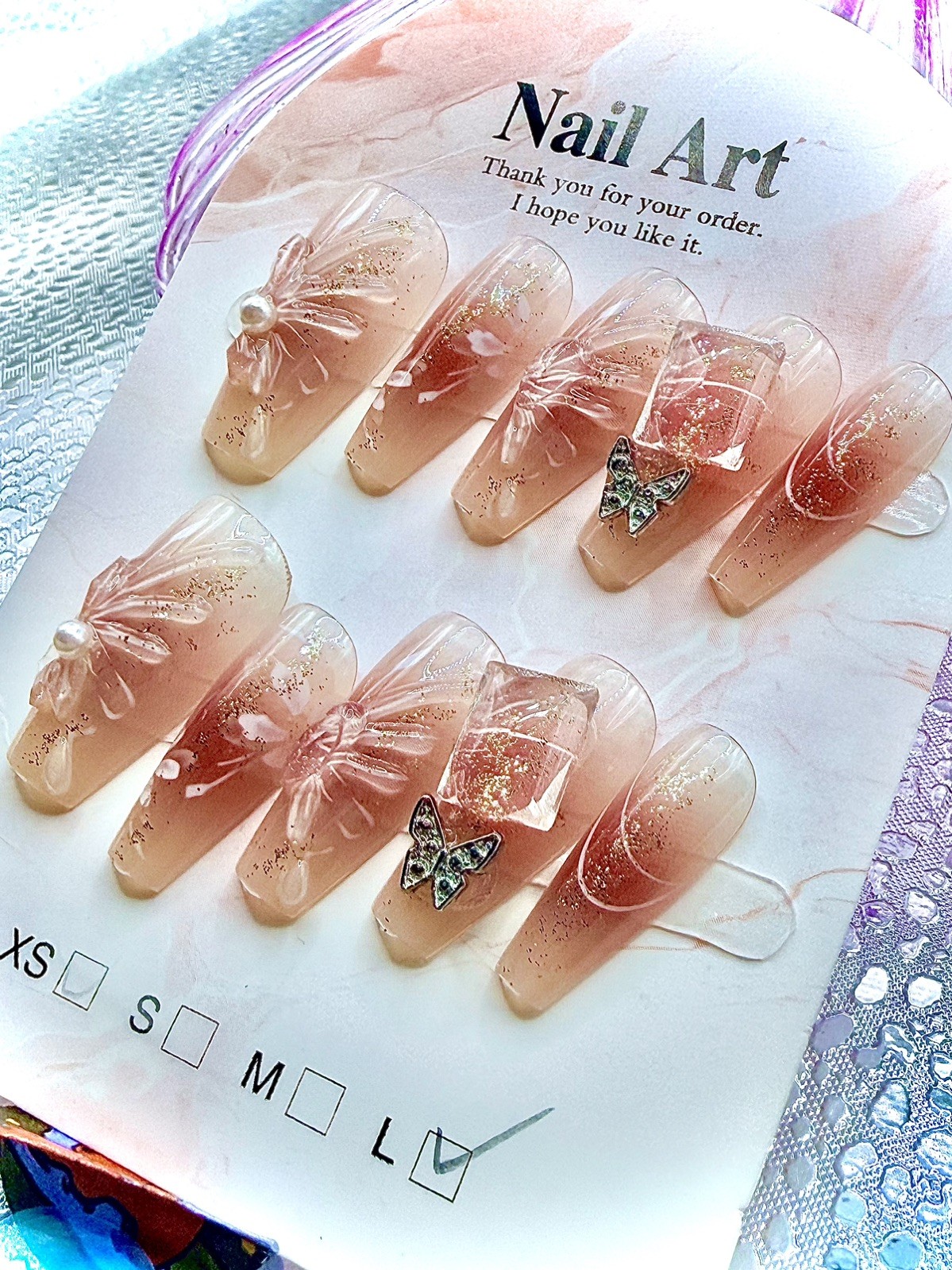 10 PCs Handmade Press On Nails Butterfly Ice Cube 3D Pearl Medium-Long Coffin