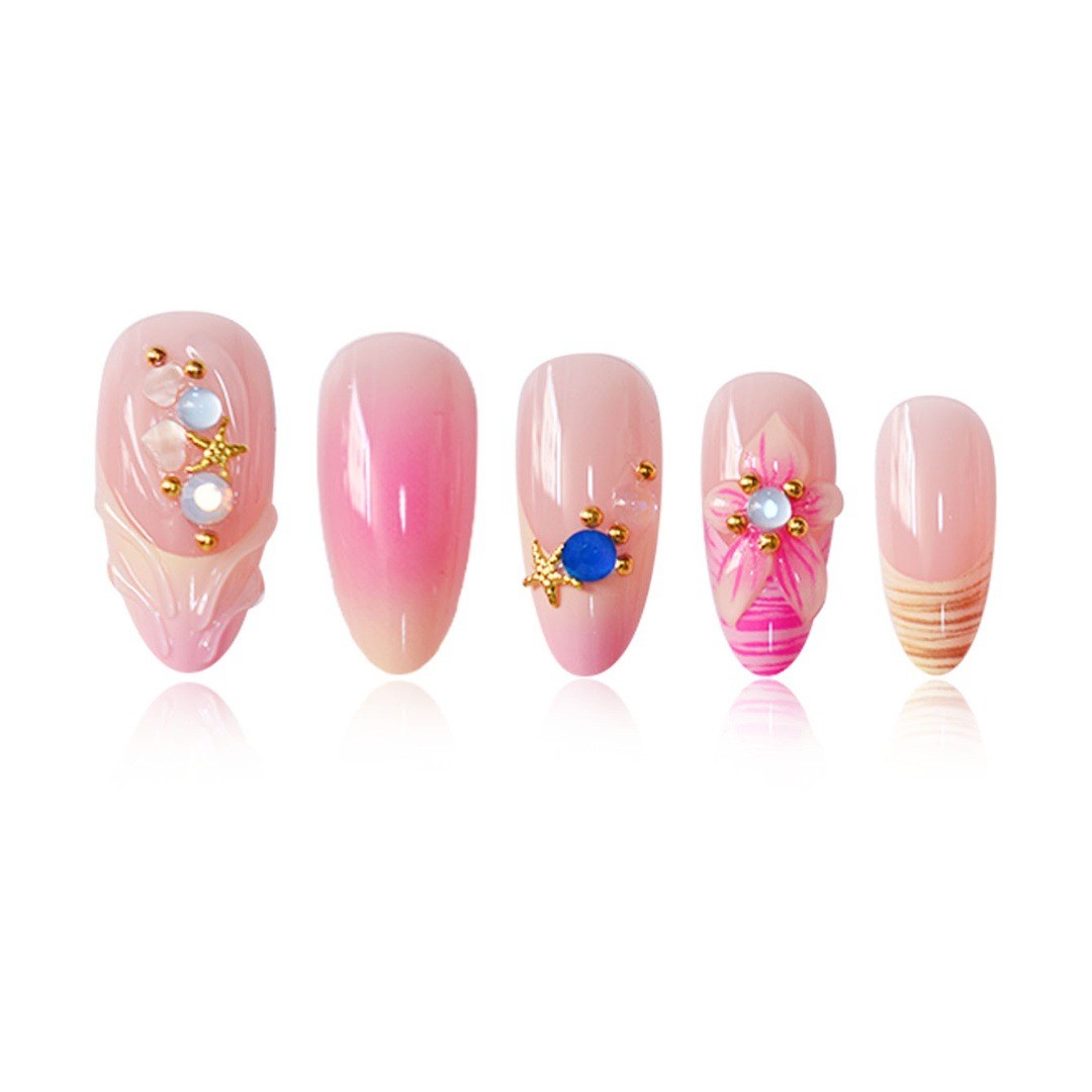 Pink Gradient Carved Shell Star INS Style Sweet Press On Nails Wholesale