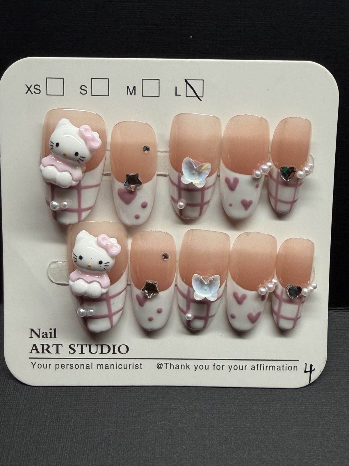 Hello Kitty 3D Press On Nails L | Cute Kawaii Pink Plaid Heart Design | Handmade