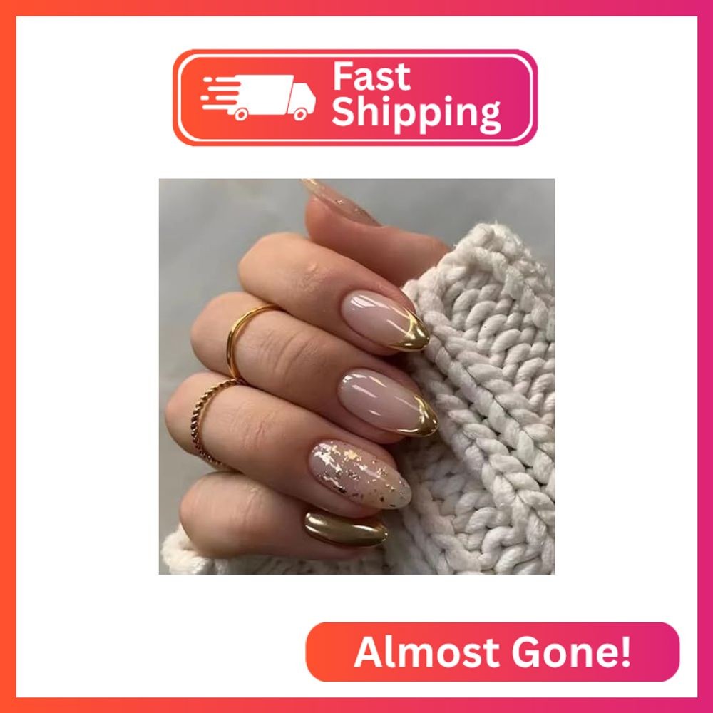 Gold French Tip Press on Nails Short Almond Fake Nails Glitter Foils Designs Glo