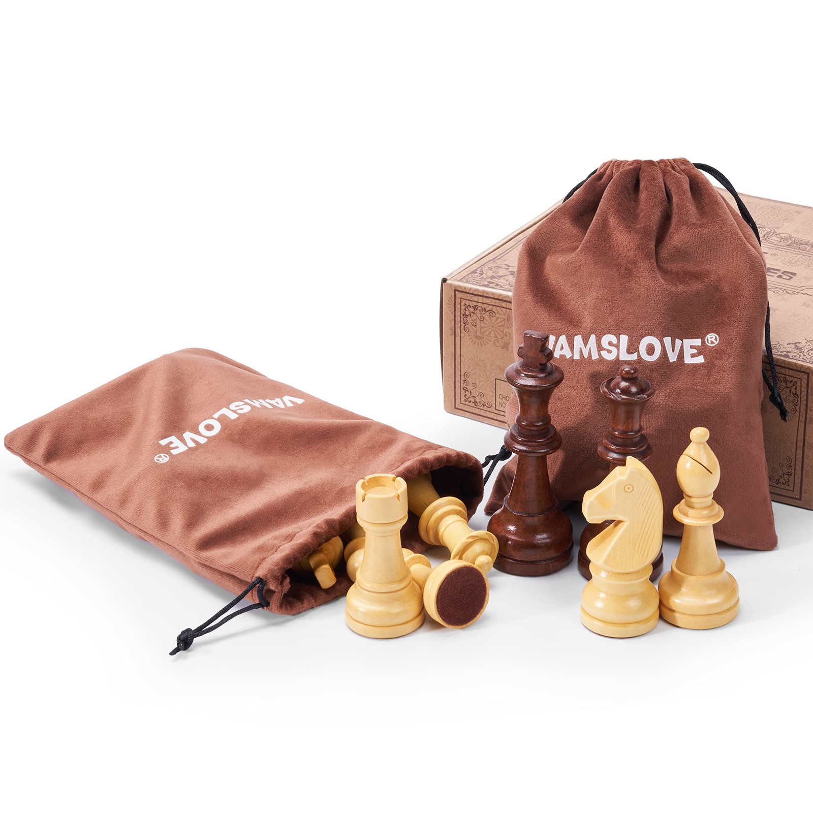 Vamslove Wooden Chess Pieces Large 4.5” King Set of 32 Luxury Large, Brown