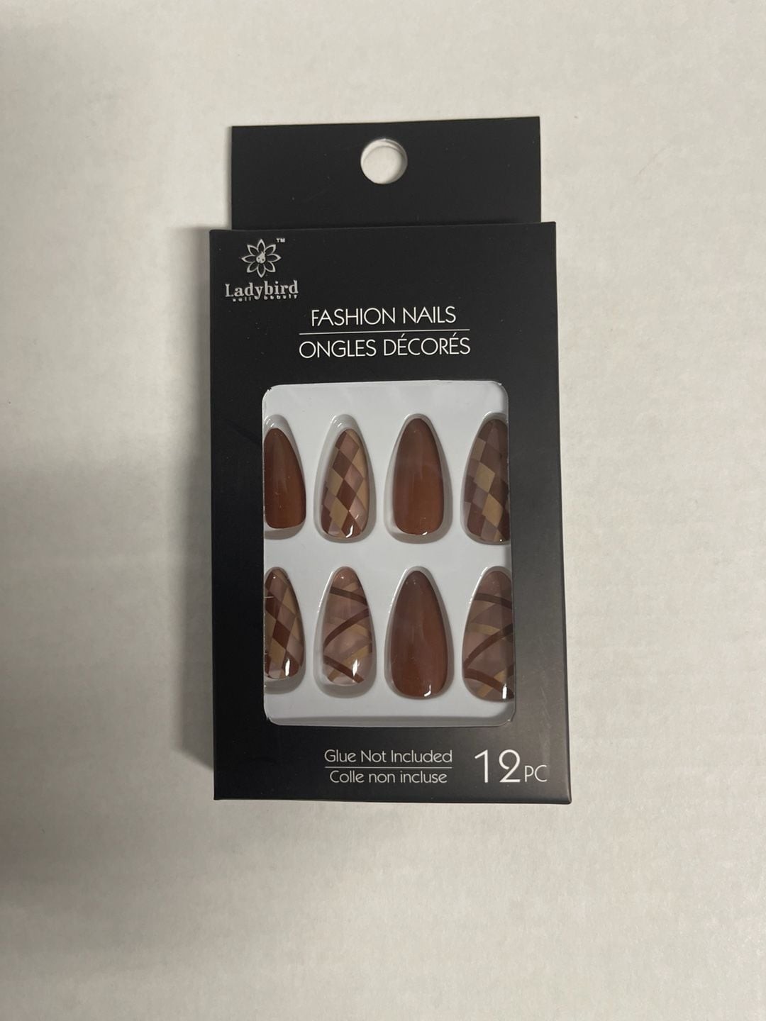 Ladybird Soft Beauty Fashion Nails Brown Plaid Almond Press-On Set 12PC