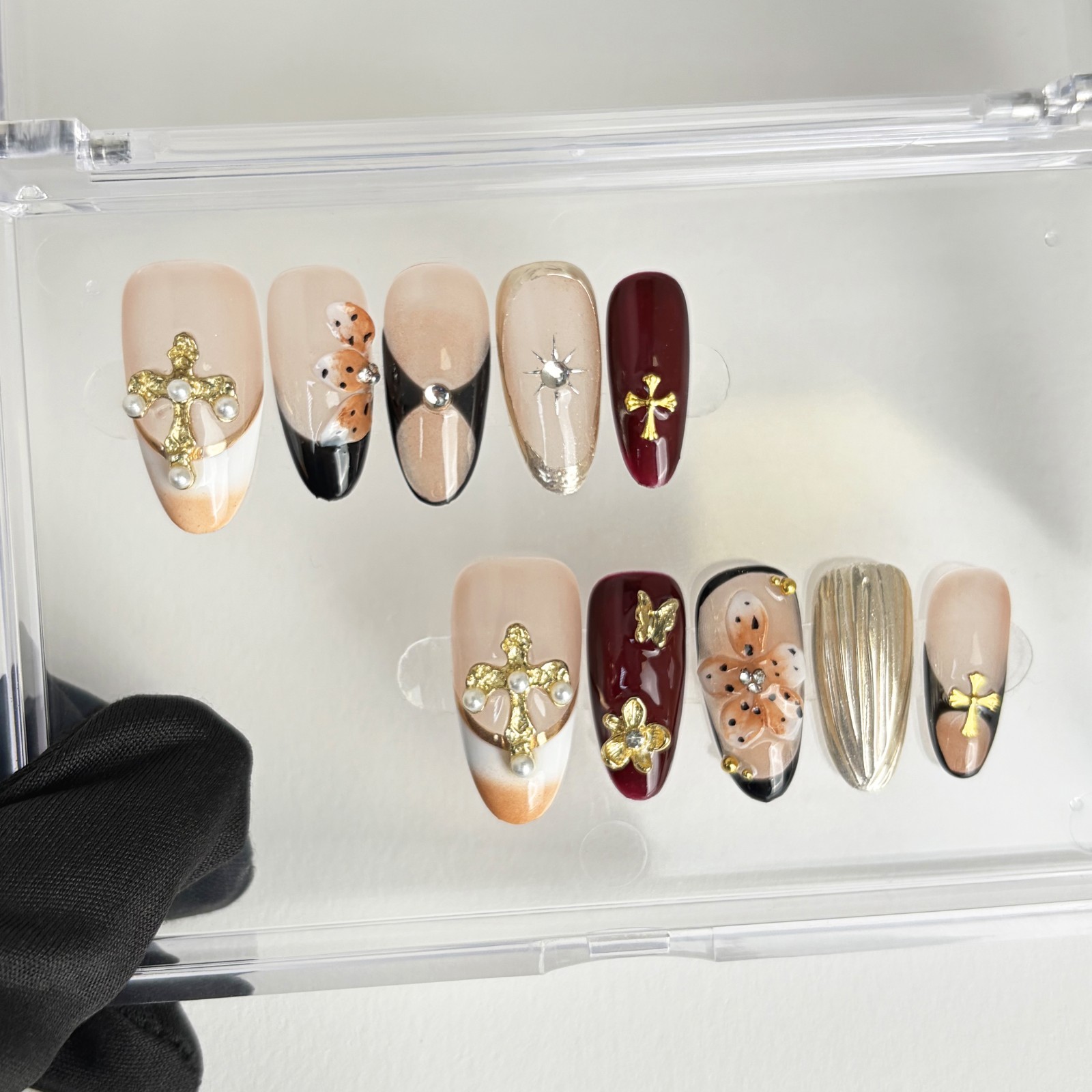 Sweet Gothic Rococo Press-On Nails with Pearl Cross & Metallic Accents Almond