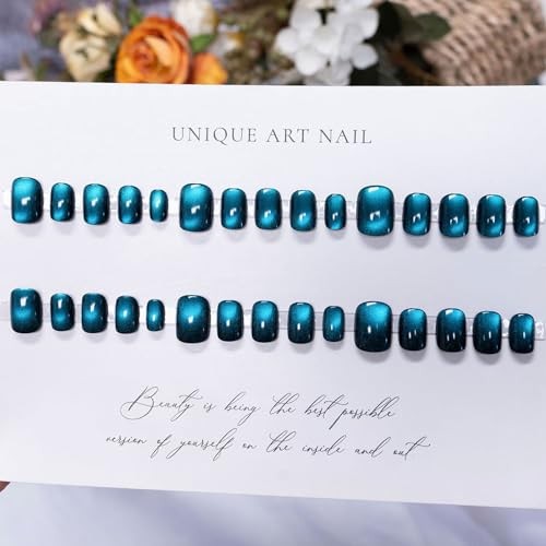 Square Press on Nails – Short Fake Nails with Glitter Cat Eye Designs