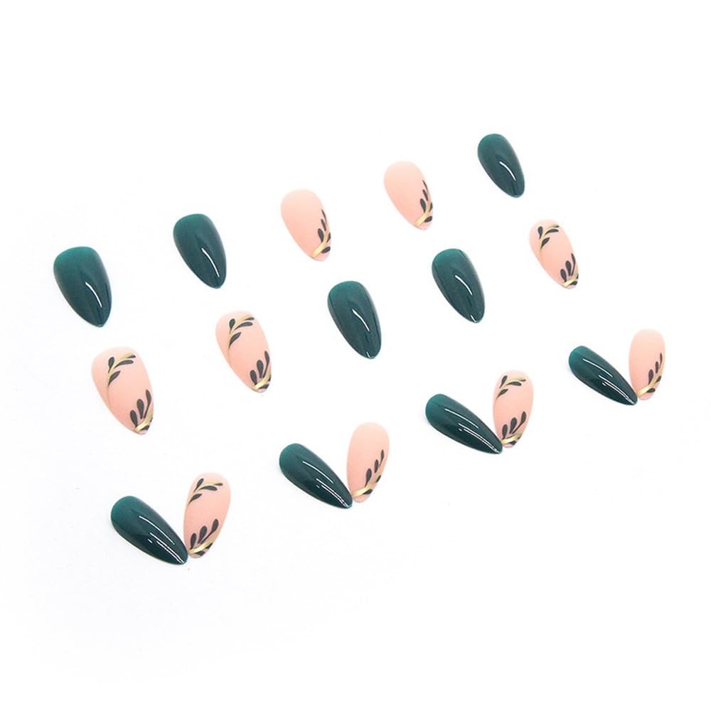 Press on Nails Almond Short Medium Green Fake Nails with Gold Leaf Design fak…