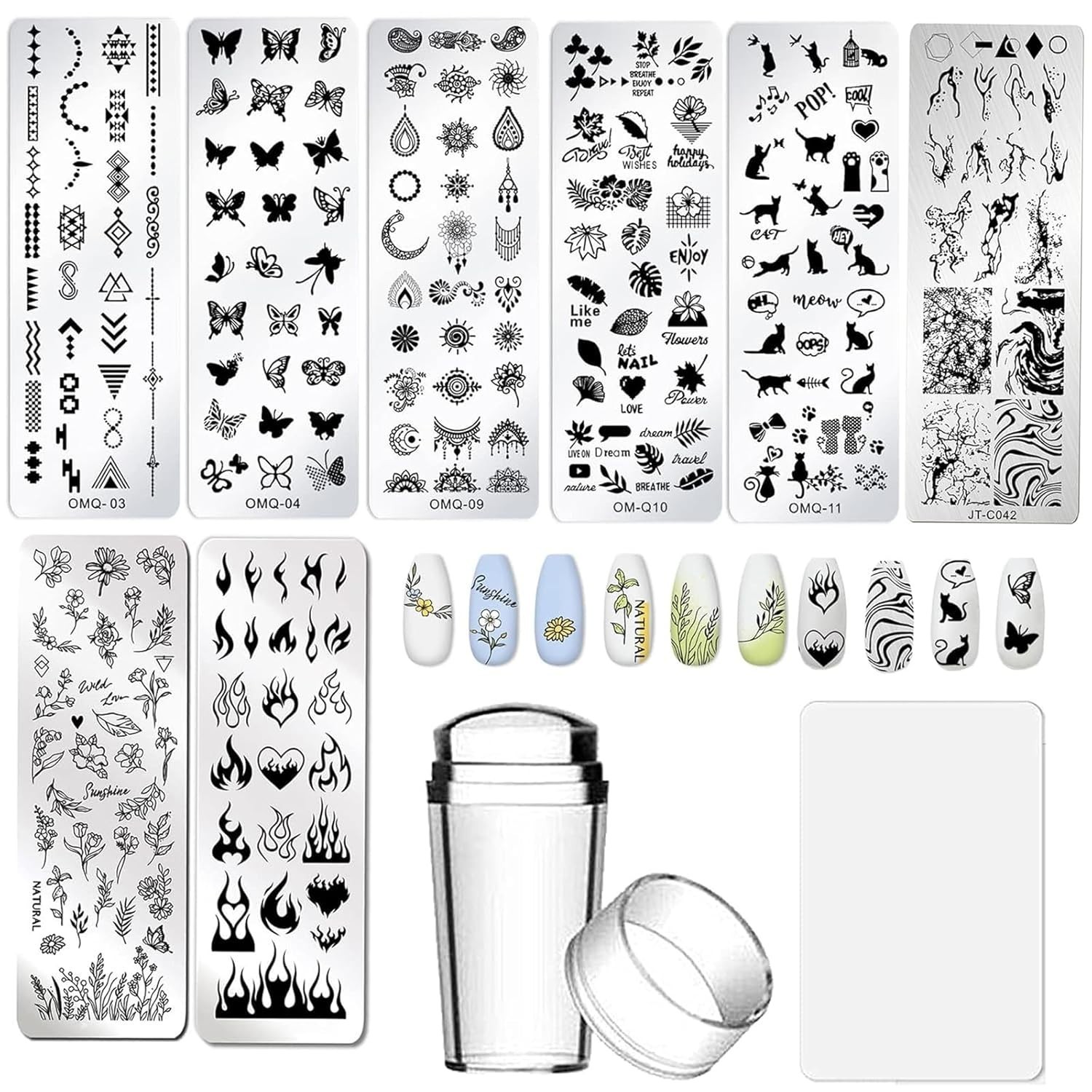 Nail Stamper Kit 8Pcs Stamping Plates Minimalist Geometric Lines Leaf Image Temp