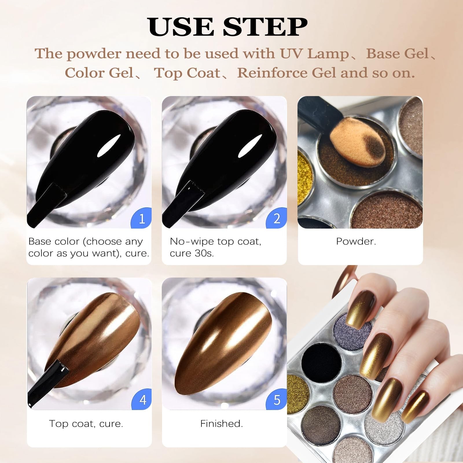9 Colors Chrome Nail Powder Palette, Black Gold Brown Silver Metallic Mirror …