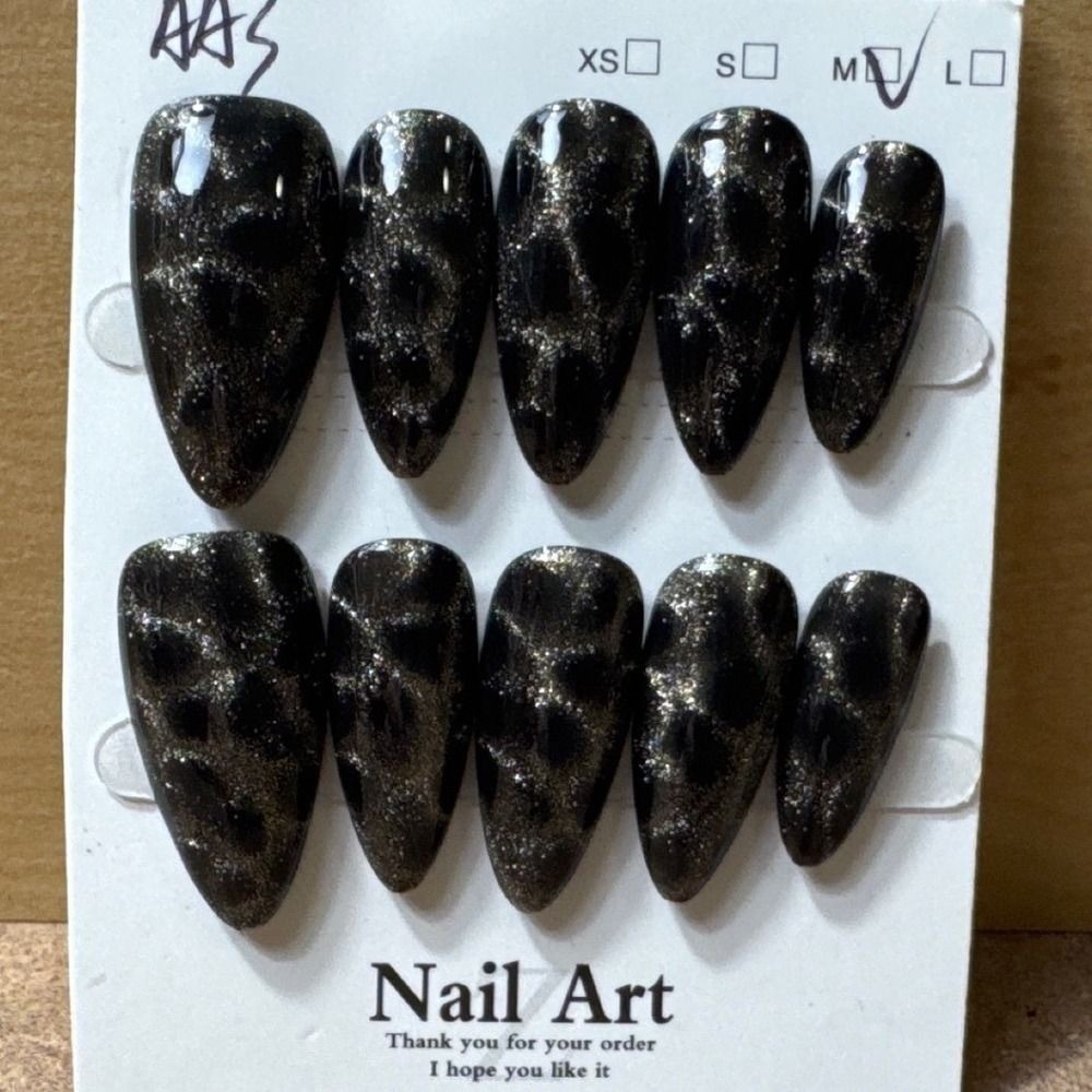 Black Silver Glitter Leopard Print Press On Nails Almond Shape Size M