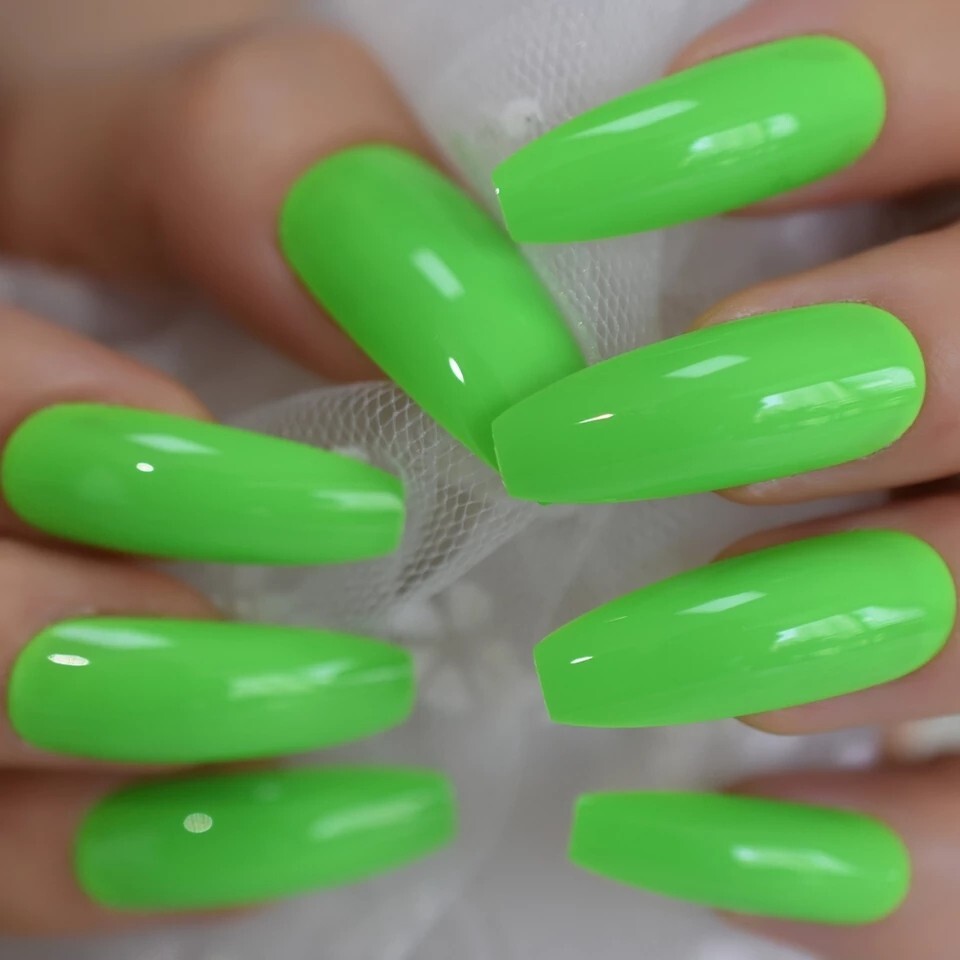 24 Bright Neon Long Press on nails glue 80s rave miami Pink orange blue green