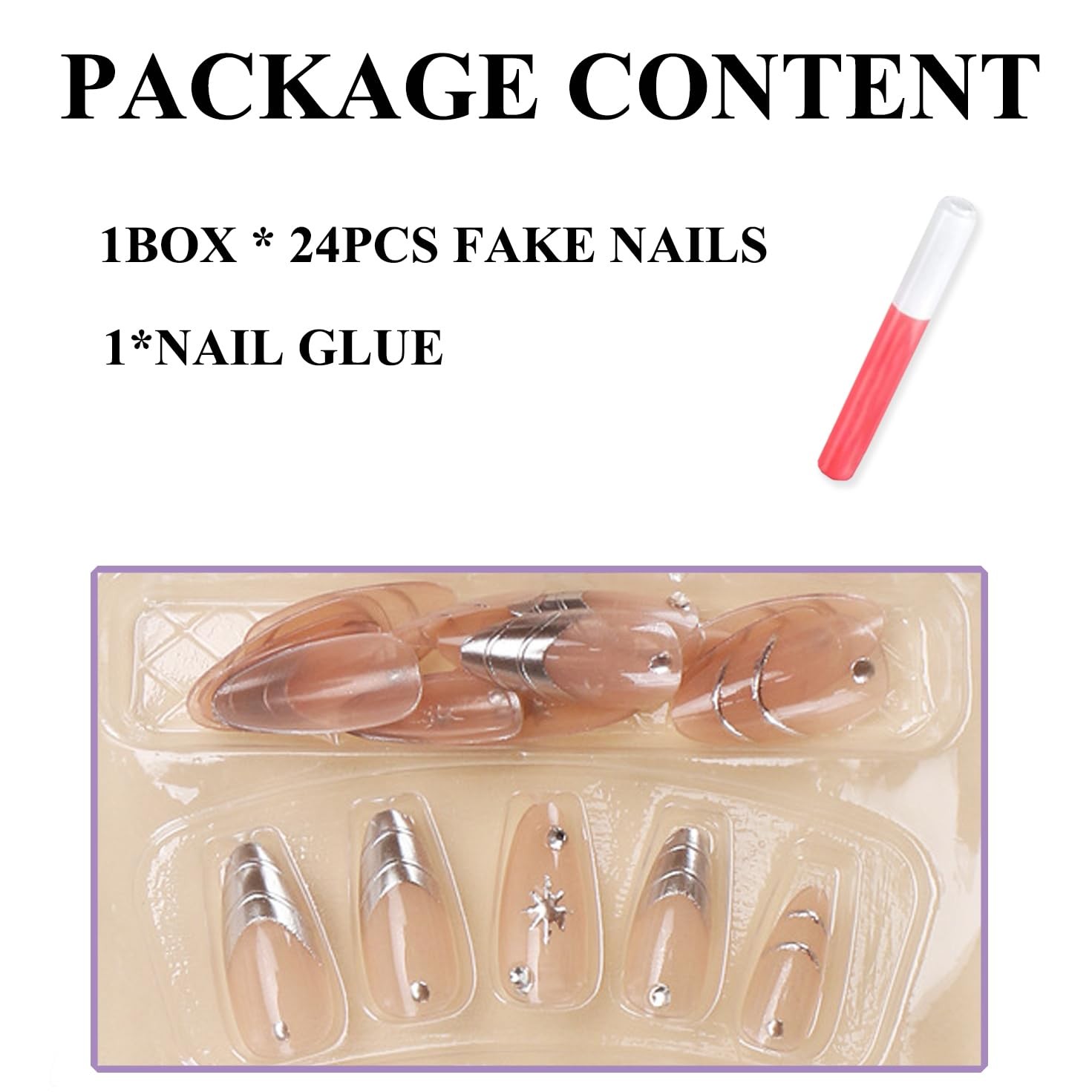 Almond Press on Nails Medium Fake Nails Sliver French Tip Glue ons Star Y2k G…