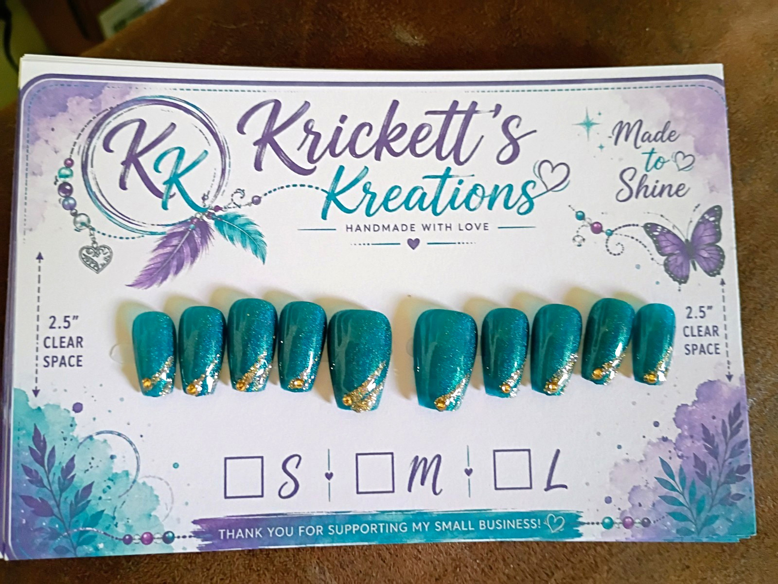 Krickett’s Kreations Coffin Medium Press-On Nails Teal/Gold Glitter Butterfly