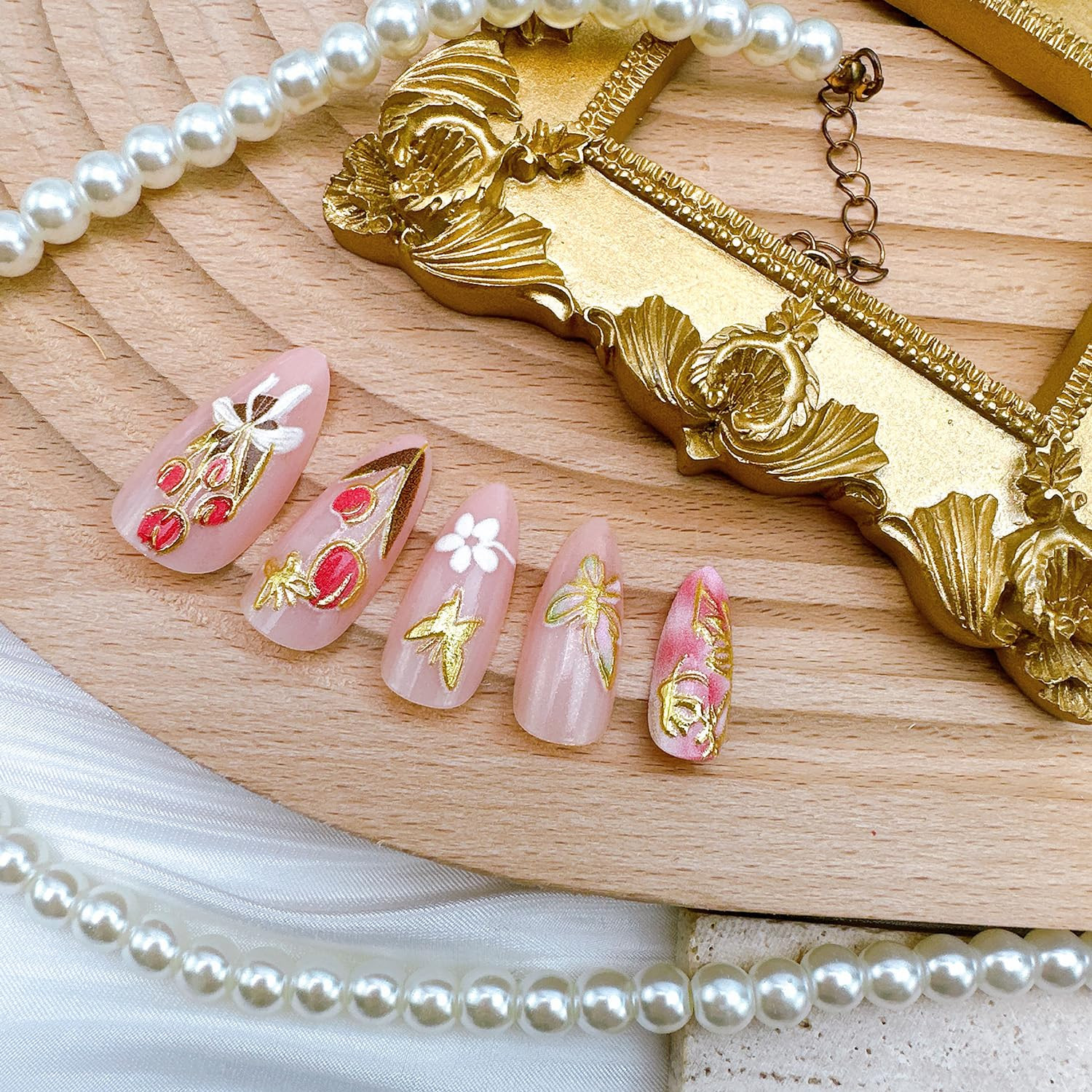 24Pcs Spring Press on Nails Medium Almond Fake Nails with 3D Gold Flower Butterf
