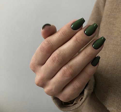 Olive Green Press on Nails Short Medium Coffin, Solid Color glossy dark green
