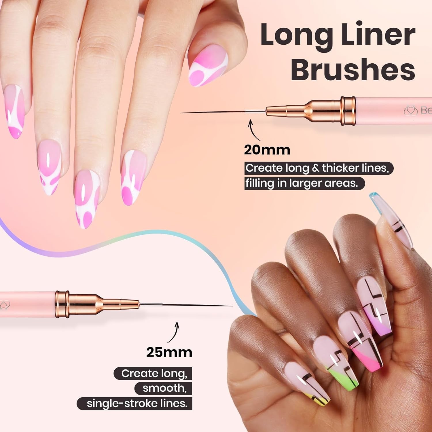 Beetles 5pcs Nail Art Brushes Set for Detailed Designs – Pink Liner Sizes 5-25mm