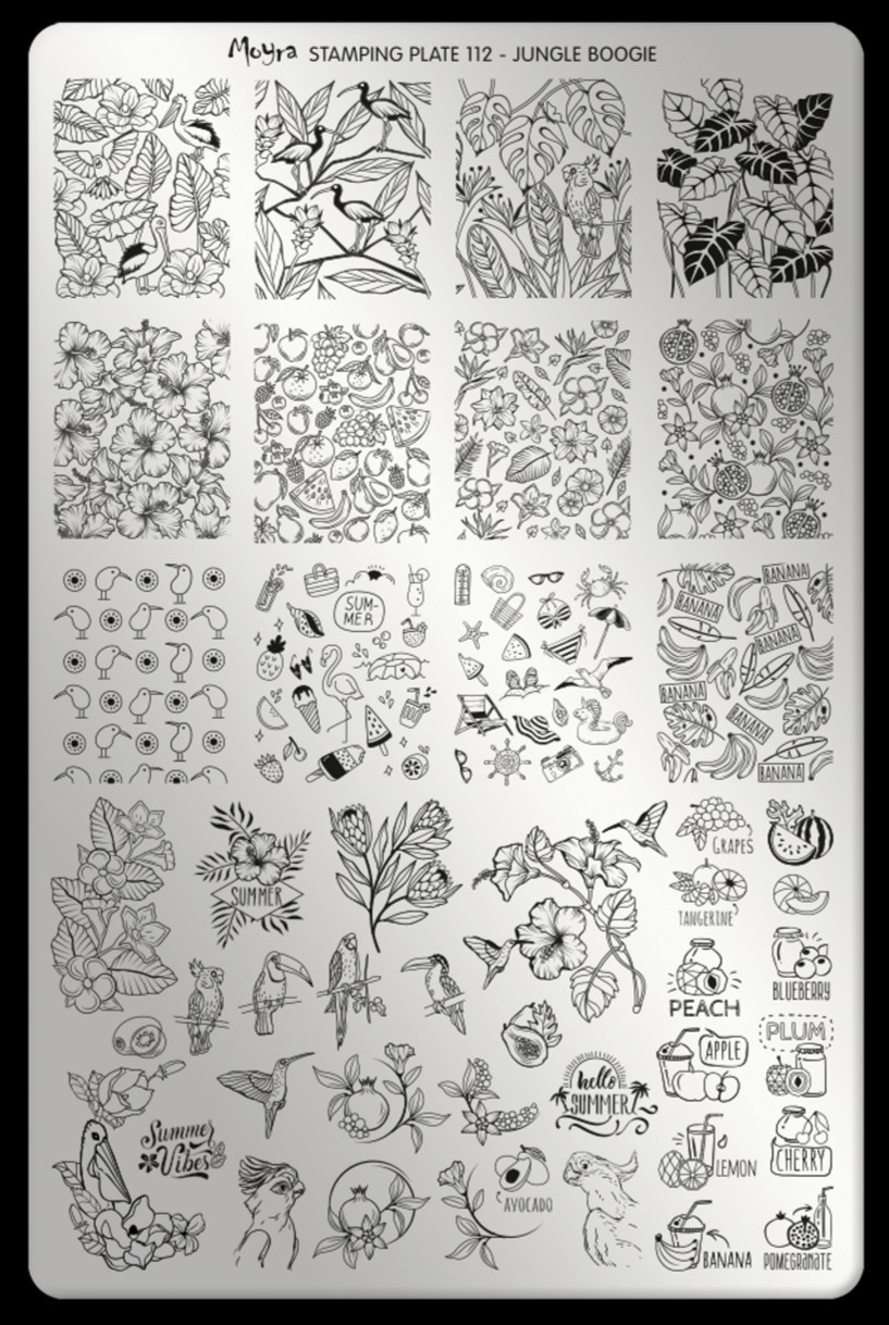 Moyra 112 Jungle Boogie Nail Stamp Plate Rainforest Birds Summer Toucan Fruit
