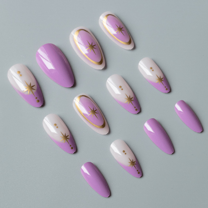 48Pcs-Long Almond Lavender Purple Gradient Gold Star Line Elegant Press on Nails