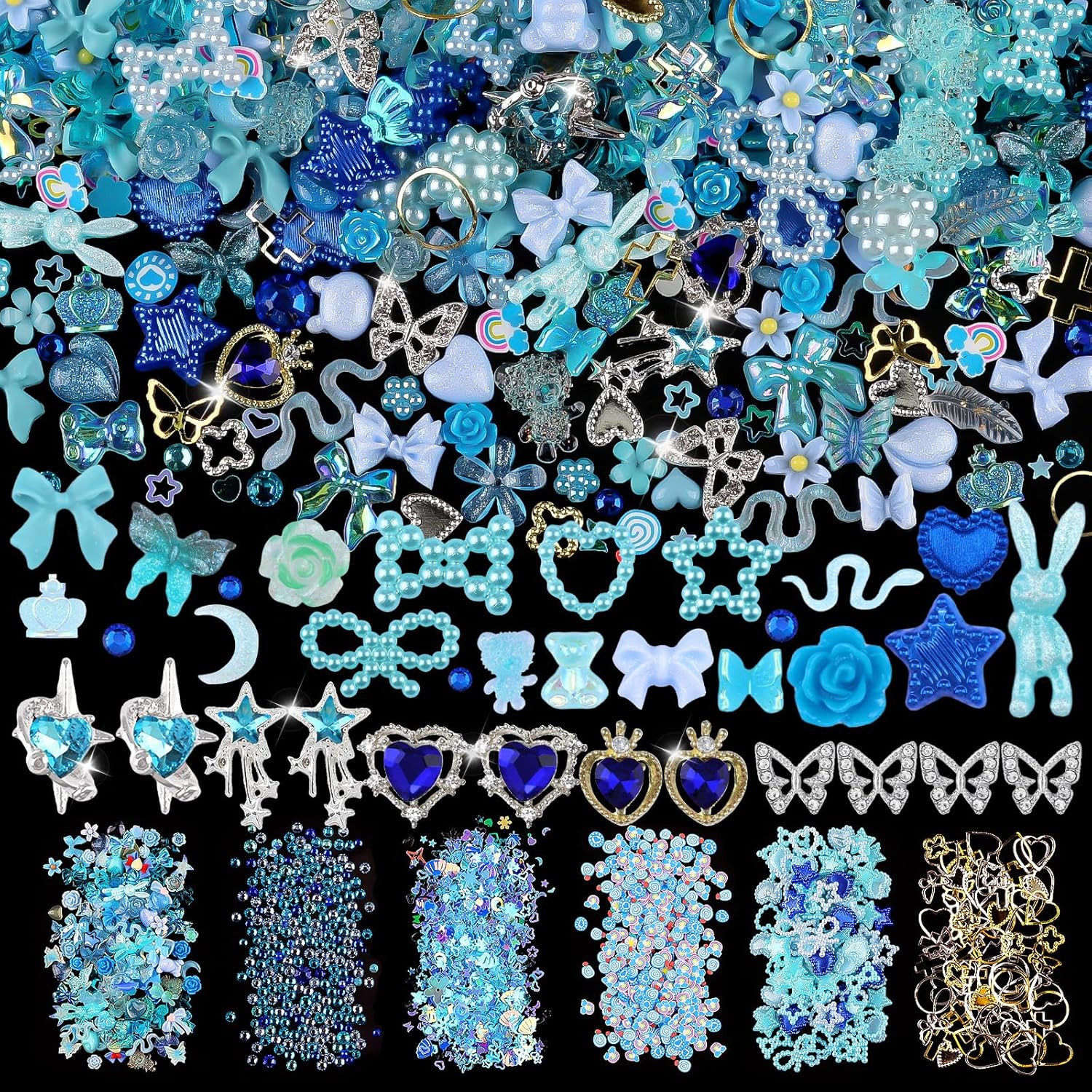 650Pcs 3D Nail Charms Set with Rhinestones, Pearls, and Metal Gems (Blue)