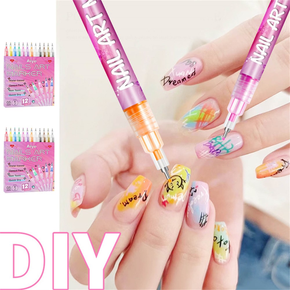 12Pcs Nail Art Pen Marker Set 0.5mm Extra Fine Tip Graffiti Drawing Embellishing
