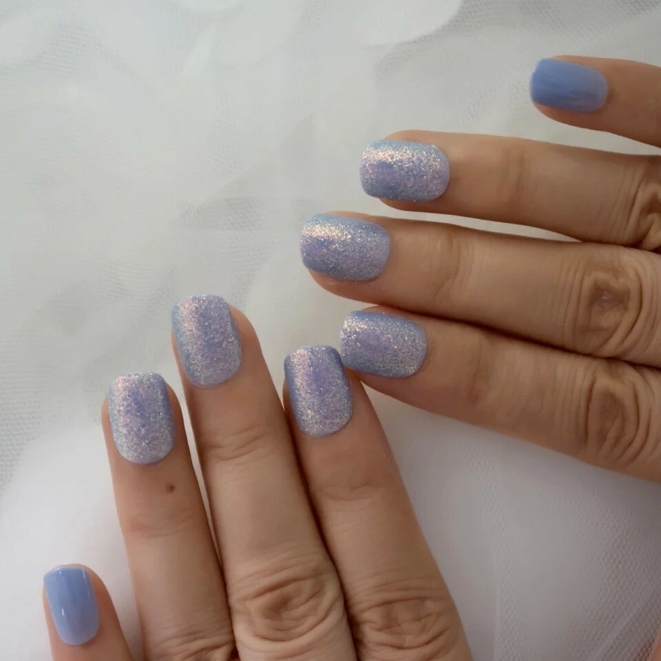 Icy Glitter Press on Nails Holographic with glue short purple blue
