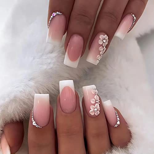 SINSEN Pink Square Fake Nails French Tip Press on Nails Medium Length, 24Pcs