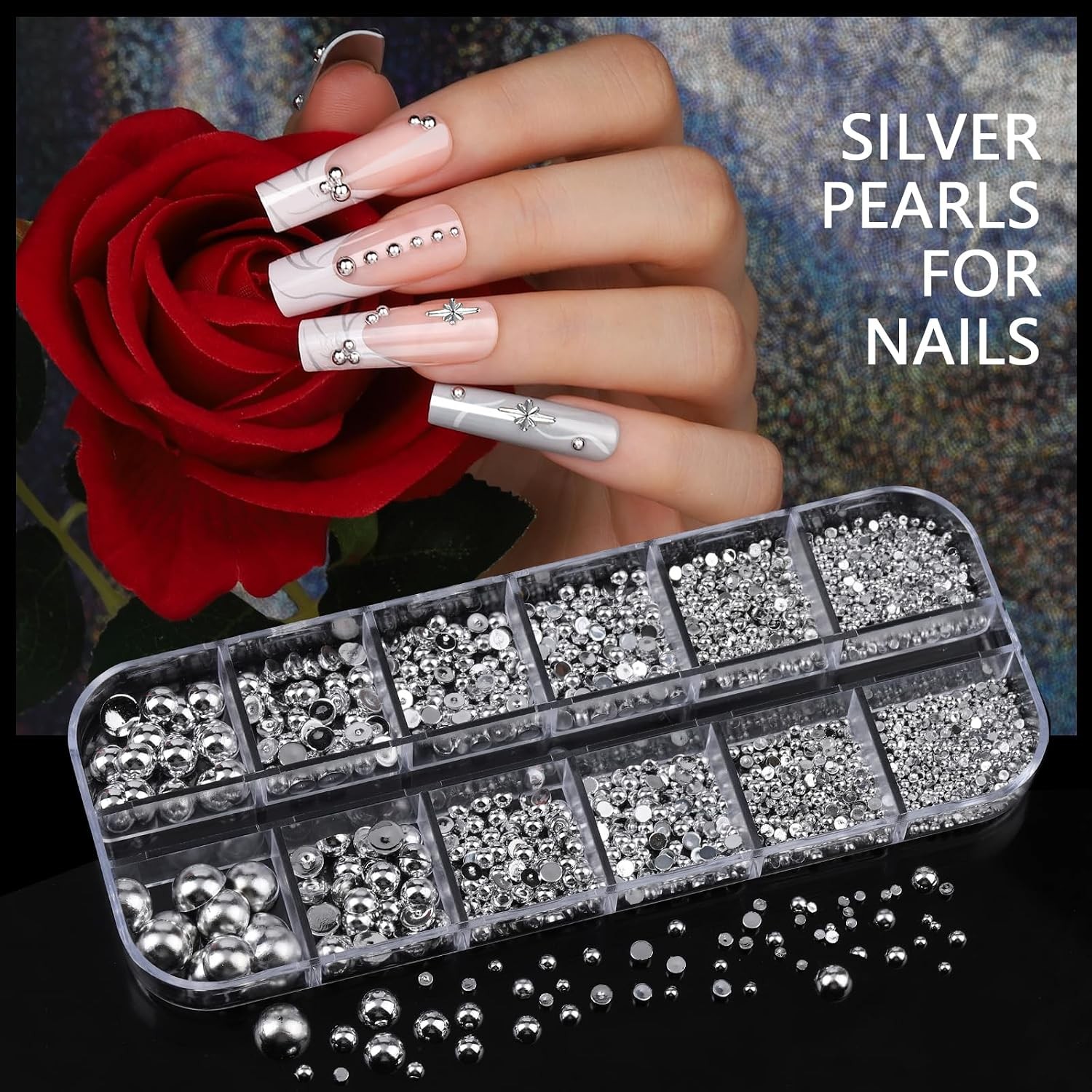 Teenitor Silver Nail Charms & Gems Kit: Y2K, Rhinestones, Stickers, Pearls