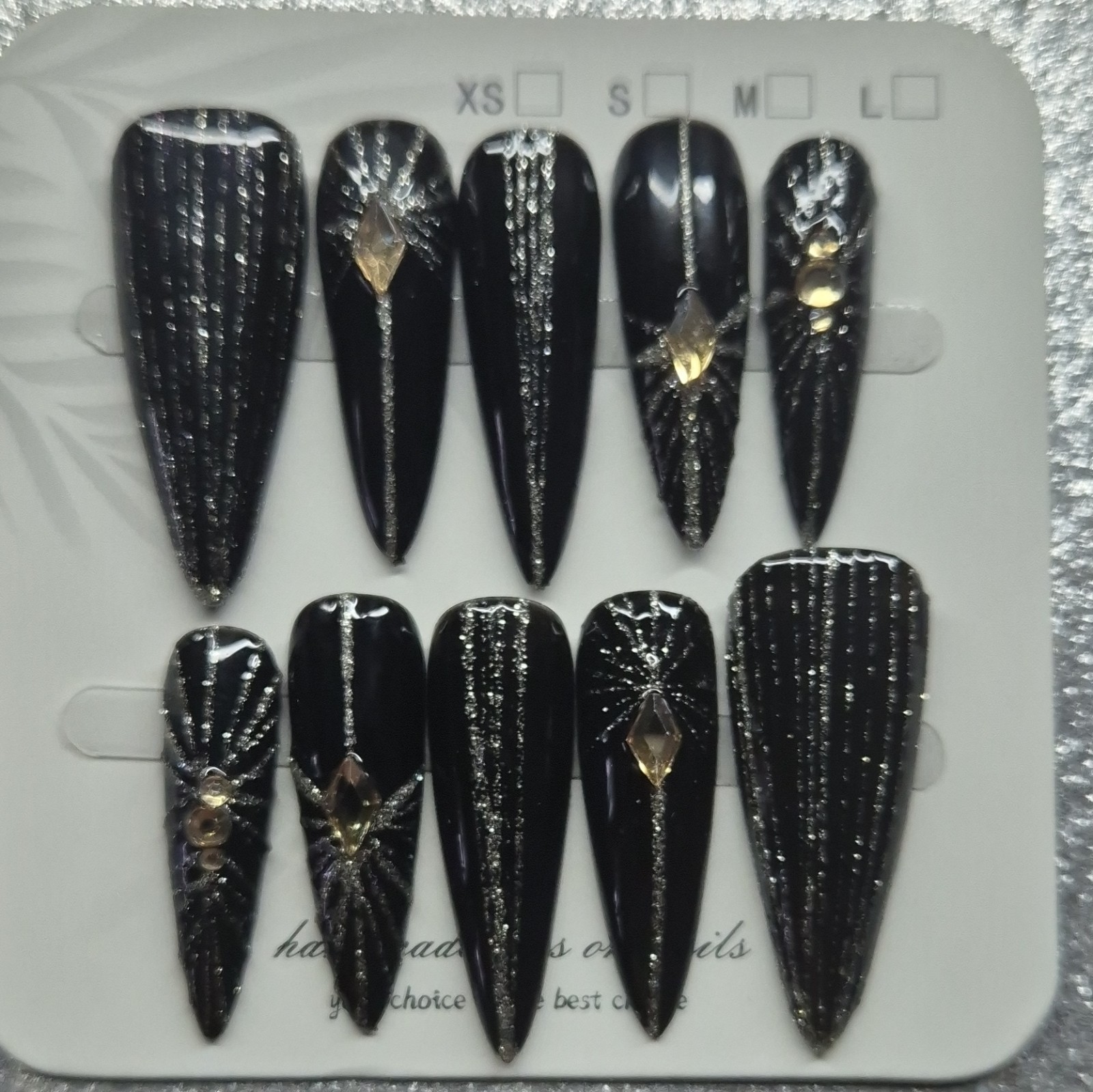 Black Silver Glitter 3D Rhinestone Coffin Press-On Nails Set Full Cover Long