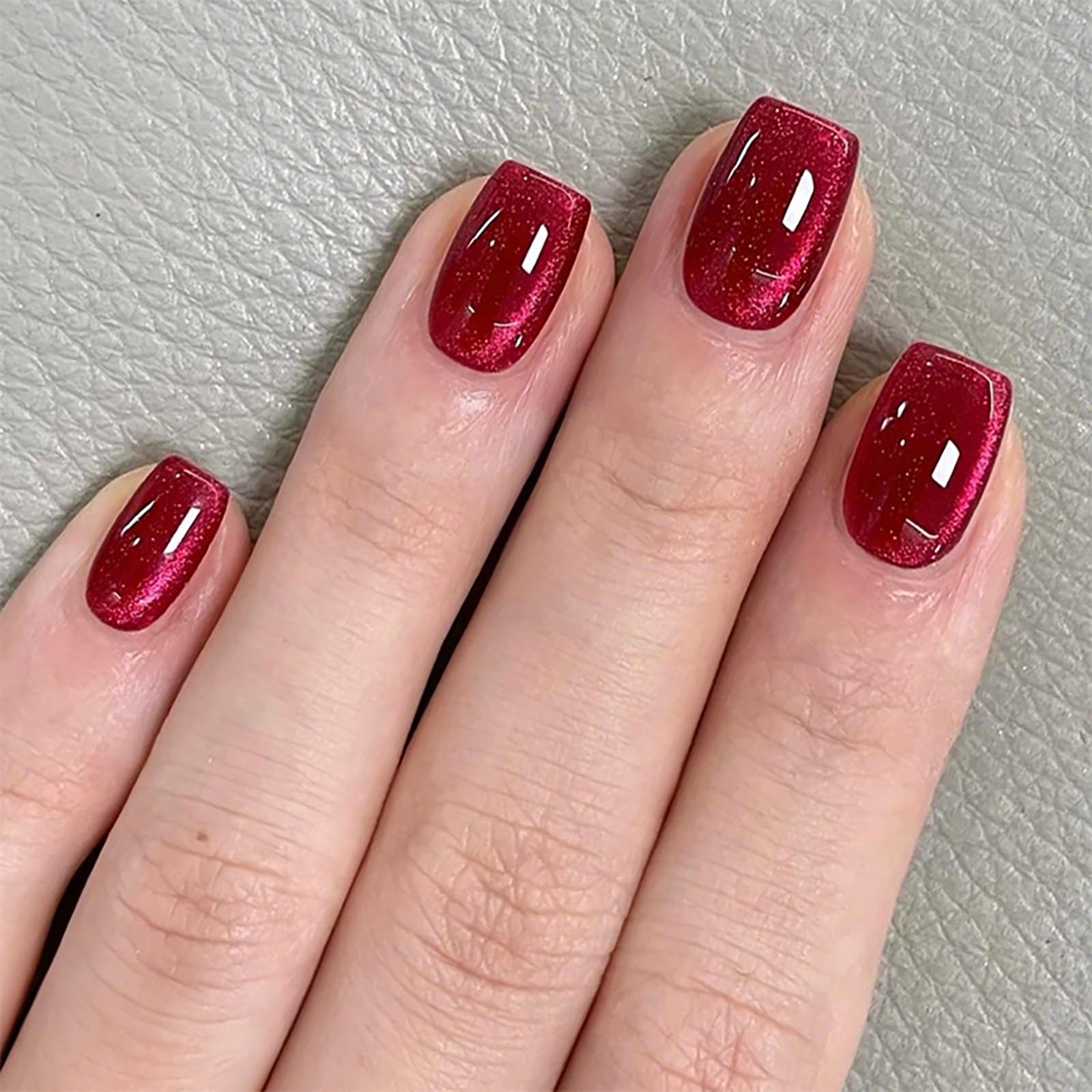 Wine Red Press on Nails – Cat Eye Fake Nails | Glitter False Nails with Magne…