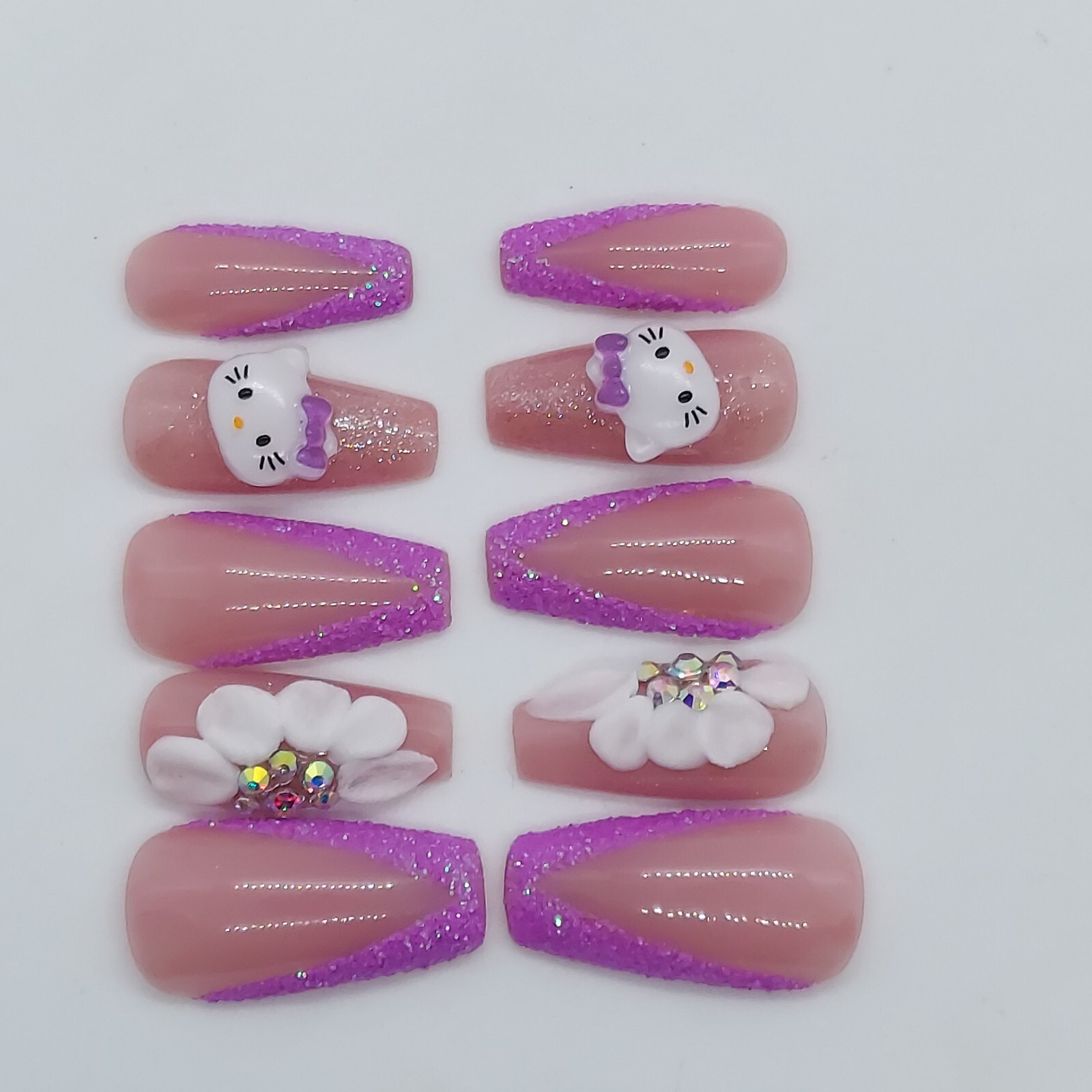 Kawaii Hello Kitty Cat Purple Deep V French Sugar Press on Nails Purple Nails