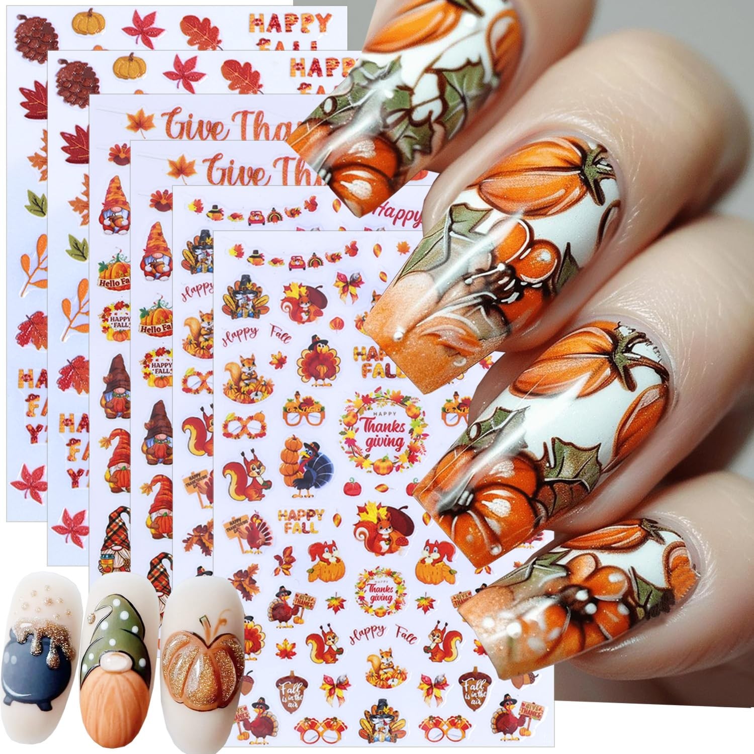 6 Sheet Thanksgiving Turkey Nail Stickers for Art 5D Embossed Orange