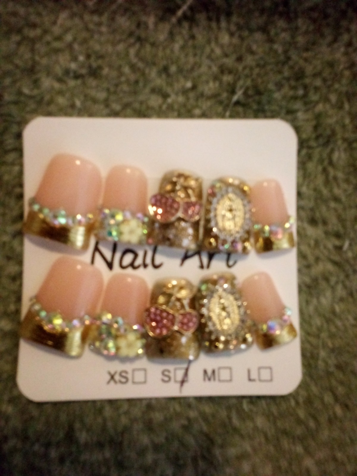 3D Shiny Press-On Nails Pink Gold Short Square Pre-Designed Full Cover Y15