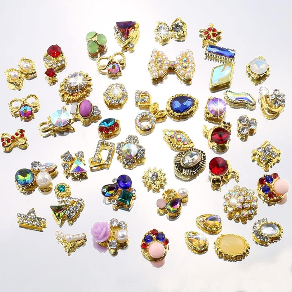 50Pcs 3D Gold Nail Charms for Acrylic Nails Mix Styles Rhinestones for Nails Met
