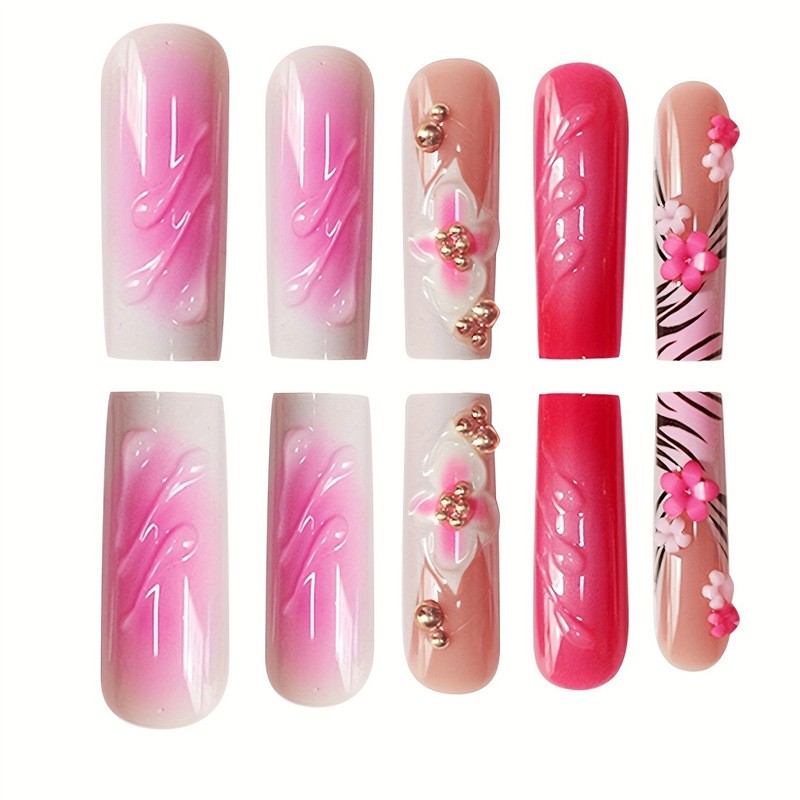 Long Pink Square Press on Nails 3D Wave Floral False Nails Wholesale