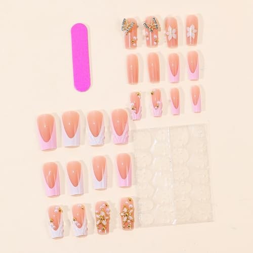 24Pcs Long Square Nude Pink White Nails Press ons Pearl Gold QKS-BT-018-4