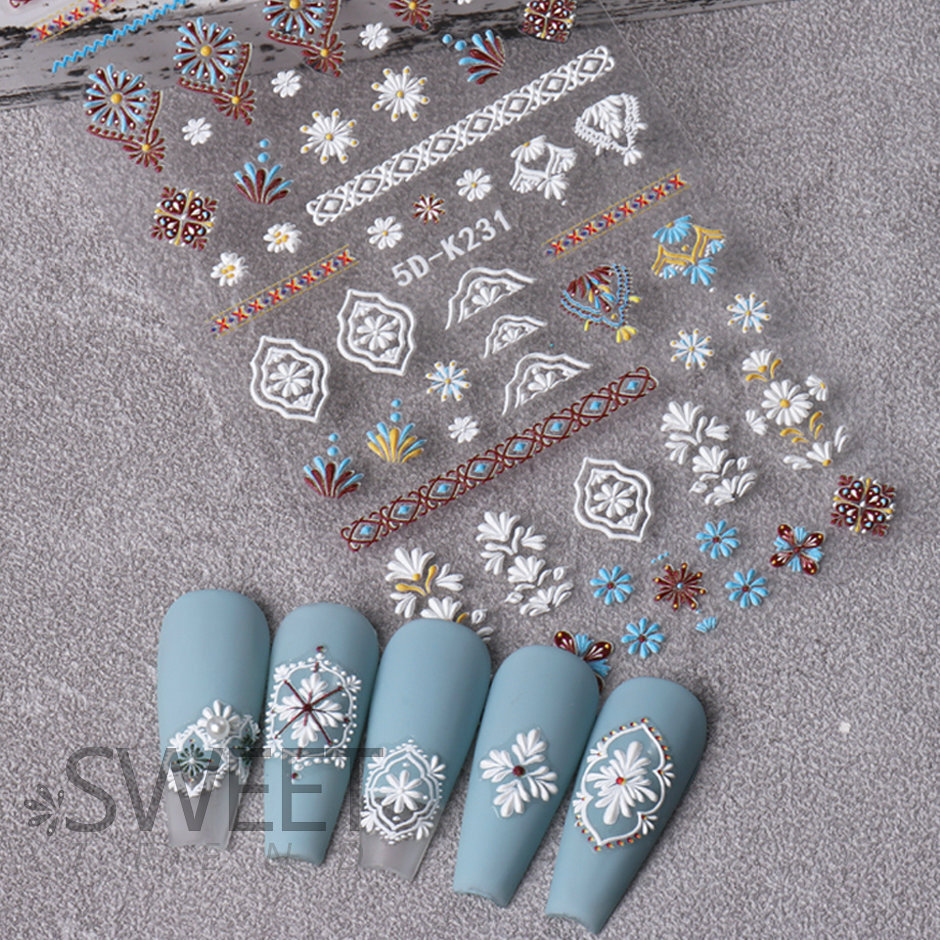 5D Embossed Bohemian Flowers Nail Art Sticker Decals Slider Self Adhesive NH23